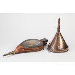 ANTIQUE COPPER TUN DISH, 10" high and a Nineteenth Century PAIR OF EBONISED FIRE BELLOWS with oval