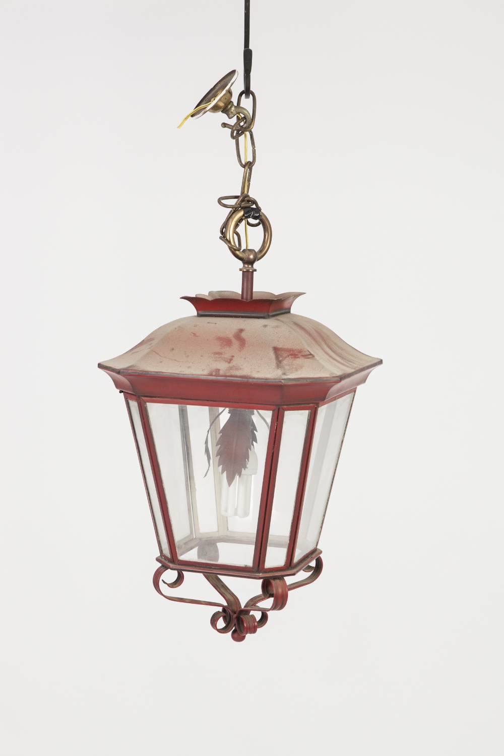 MODERN RED PAINTED METAL HALL LANTERN, 20" (50.8cm) high