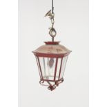 MODERN RED PAINTED METAL HALL LANTERN, 20" (50.8cm) high