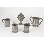 THREE NINETEENTH CENTURY ANTIQUE PEWTER PINT TANKARDS, one with a side spout, NINETEENTH CENTURY TWO