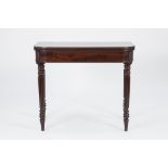 REGENCY MAHOGANY TEA TABLE, the rounded oblong, fold over top above a plain frieze, and raised on