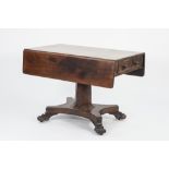 WILLIAM IV MAHOGANY PEDESTAL PEMBROKE TABLE, the rounded oblong top above a cockbeaded end drawer