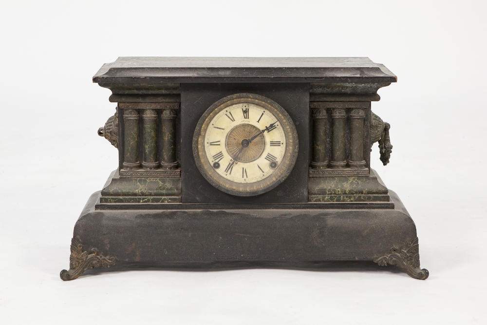 VICTORIAN EBONISED SOFTWOOD MANTLE CLOCK WITH FAUX MARBLE TRIM, the 6" Roman dial inscribed 'WELCH',