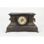 VICTORIAN EBONISED SOFTWOOD MANTLE CLOCK WITH FAUX MARBLE TRIM, the 6" Roman dial inscribed 'WELCH',