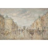 M.J. RENDELL (TWENTIETH CENTURY) OIL ON CANVAS By gone Parisian street scene with figures and