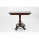 EARLY NINETEENTH CENTURY ROSEWOOD PEDESTAL TEA TABLE, the rounded oblong fold over and swivel top