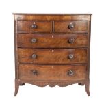 EARLY NINETEENTH CENTURY FLAME CUT MAHOGANY BOW FRONTED CHEST OF DRAWERS, the crossbanded top