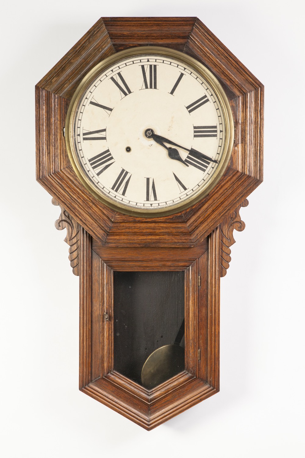 EARLY TWENTIETH CENTURY ANSONIA DROP DIAL WALL CLOCK, of typical form with 11" Roman dial and spring