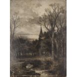 B.W. LEADER (1831-1923) OIL PAINTING ON ARTISTS BOARD Woodland scene at dusk with church and distant