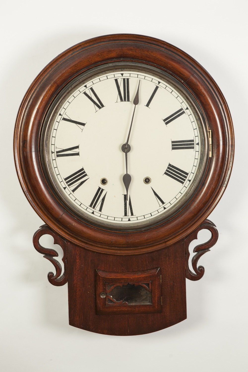LATE NINETEENTH/EARLY TWENTIETH CENTURY MAHOGANY DROP DIAL WALL CLOCK, the 12" Roman dial powered by