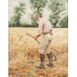 RICHARD HENRY BROCK (1871-1943) OIL PAINTING ON RELINED CANVAS Farm labourer with scythe Signed
