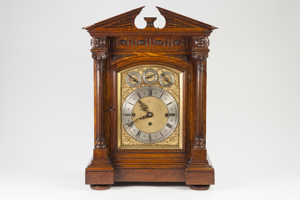 H. BOTT, LEICESTER, IMPRESSIVE LATE NINETEENTH CENTURY CARVED OAK CHIMING BRACKET OR TABLE CLOCK,