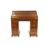 REPRODUCTION MAHOGANY TWIN PEDESTAL ROLL TOP DESK, with oak tambour, of typical form, the interior