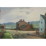 ARTHUR KNOWLES OIL PAINTING ON CANVAS 'Bob's Smithy' near Bolton, 1928, street scene with figures,