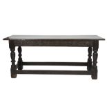 SEVENTEENTH CENTURY AND LATER DARK OAK REFECTORY OR SERVING TABLE, the oblong three plank top