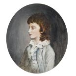 NINETEENTH CENTURY ENGLISH SCHOOL OIL PAINTING ON BOARD Half length portrait of a boy oval 13 1/2" x
