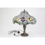 MODERN REPRODUCTION TIFFANY STYLE TABLE LAMP, with embossed base and large leaded and coloured glass