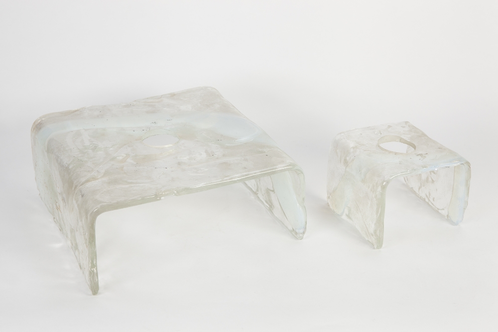 PAIR OF MODERN HEAVY MOULDED CLEAR AND VASELINE GLASS WALL LIGHTS, each of folded diamond form, with - Image 2 of 2