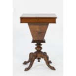 VICTORIAN BURR AND FIGURED WALNUT SEWING TABLE, the moulded oblong top above a tapering box and