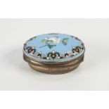 ANTIQUE ENAMELLED COPPER SMALL OVAL SNUFF BOX, the sky blue enamelled hinged lid painted with a