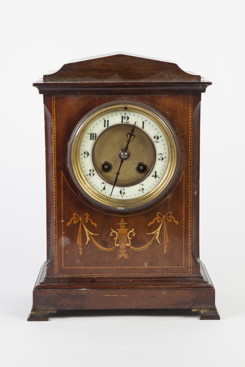 EDWARDIAN INLAID MAHOGANY CASED MANTEL CLOCK with R & Co., French movement striking on a coiled