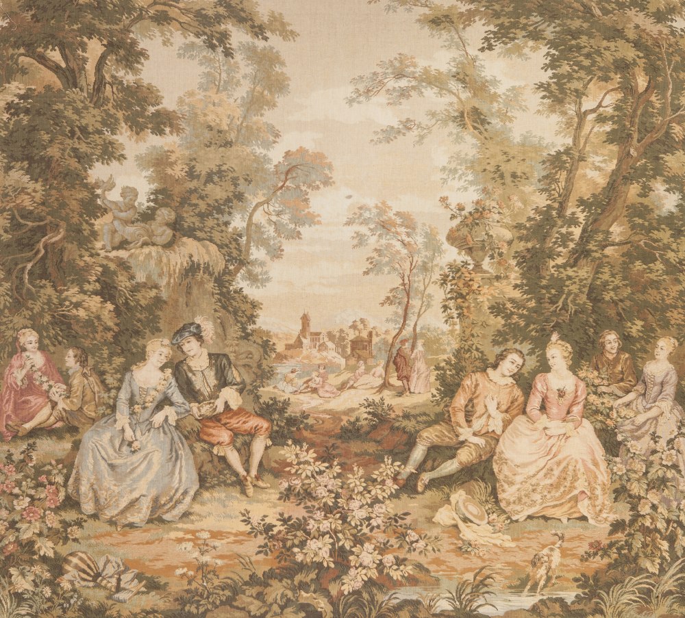 A FRENCH MACHINE WOVEN PICTORIAL TAPESTRY, depicting courtiers and ladies in couples in a romantic