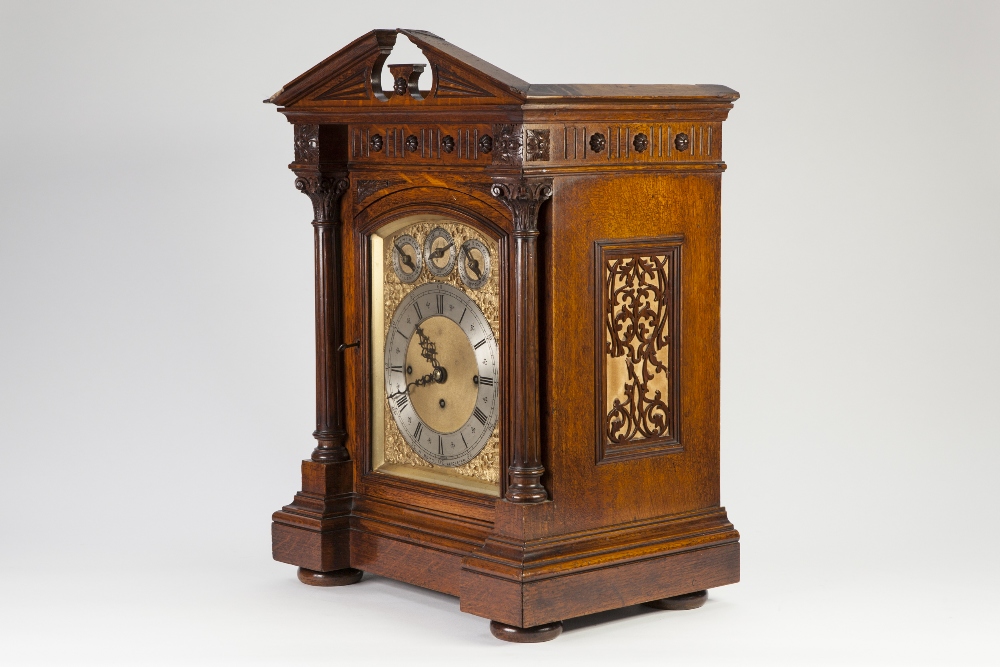 H. BOTT, LEICESTER, IMPRESSIVE LATE NINETEENTH CENTURY CARVED OAK CHIMING BRACKET OR TABLE CLOCK, - Image 2 of 2