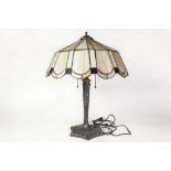 AMERICAN TIFFANY STYLE EMBOSSED WHITE METAL TABLE LAMP with white and brown 'leaded' shade, 23" (