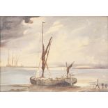 A. SNEDDON, SOUTHWOLD OIL PAINTING ON BOARD 'A muddy creek' Suffolk with beached wherry Signed lower