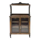 VICTORIAN EBONISED AND THUYA MUSIC/SIDE CABINET, the moulded oblong top with boxwood line inlays and