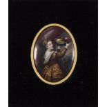 NINETEENTH CENTURY HAND PAINTED KPM PORELAIN OVAL PLAQUE Well-dressed lady holding aloft an embossed