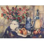 MARJORIE WALLACE (1925-2005) WATERCOLOUR DRAWING Still life - Vase of flowers, jug and fruit and a