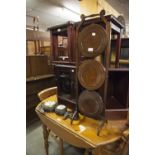 EDWARDIAN MAHOGANY THREE TIER CAKE STAND, A WALL BAROMETER IN ANCHOR SHAPED FRAME AND TWO PINE