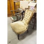 A LATE VICTORIAN LADY'S CARVED WALNUTWOOD NURSING CHAIR, WITH BUTTON UPHOLSTERED BACK, TURNED