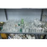 GLASS- TWO CUT GLASS DECANTERS AND STOPERS, CLARET JUG AND STOPPER (A/F), QUANTITY OF DRINKING