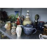 A COLLECTION OF MODERN STUDIO POTTERY ITEMS TO INCLUDE; A TEAPOT WITH DRIP GLAZE, A DENBY JUG, TWO