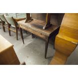 AN ANTIQUE MAHOGANY FOLD OVER TEA TABLE, ON SQUARE TAPERING SUPPORTS