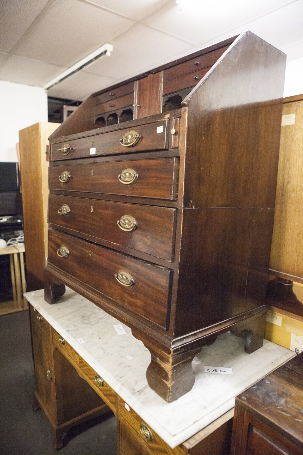 ANTIQUE OAK BUREAU OF TYPICAL FORM (LACKS FALL FRONT A.F.)