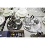 A HAMMERED PEWTER HOMELAND TEA AND COFFEE SERVICE WITH SOME ALUMINIUM EXAMPLES