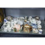 QUANTITY OF CHINA AND POTTERY TO INCLUDE; CUPS AND SAUCERS, TEAPOTS, JELLY MOULD, ETC......