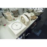 TWO, CIRCA 1940s, SMITHS CREAM PLASTIC CASED MANTEL CLOCKS, A SMITHS GILT COMPOSITION SUN-BURST WALL