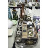 AN ELECTROPLATE LARGE GALLERY TRAY, AN ELECTROPLATE CANDELABRA, CUTLERY ETC.....