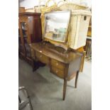 A REPRODUCTION KNEEHOLE DRESSING TABLE TOGETHER WITH A FREE STANDING OBLONG CHEVAL MIRROR