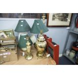 FIVE TABLE LAMPS, TWO BRASS, TWO POTTERY, ONE METAL AND A STANDARD LAMP (6)
