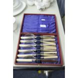 CASED SET OF SIX PAIRS OF ELECTROPLATED FISH EATERS, with bone handles