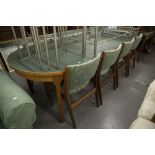 A LATE TWENTIETH CENTURY RETRO DINING ROOM SUITE TO INCLUDE; A 'D' END DINING TABLE (FIXED LEAVES)