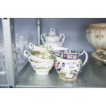 NINETEENTH CENTURY TEA WARES- SIX FLORAL PAINTED TEACUPS (2 SIZES) AND MATCHING SAUCERS, SIMILAR