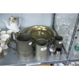 THREE PEWTER TANKARD, EP SALT WITH BLUE GLASS LINER, THREE BRASS INDIAN TRAYS, HOTEL PLATE HOT WATER