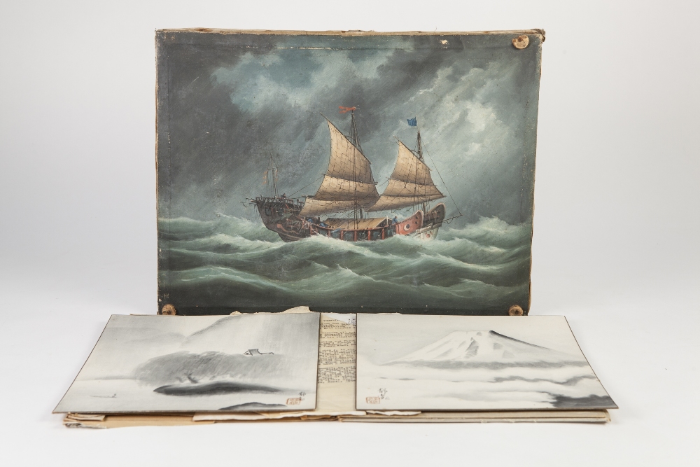 UNFRAMED LATE 19th/EARLY 20th CENTURY OIL PAINTING OF A CHINESE JUNK SAILING IN STORMY SEAS, 13" (