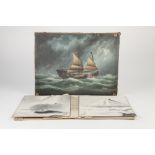 UNFRAMED LATE 19th/EARLY 20th CENTURY OIL PAINTING OF A CHINESE JUNK SAILING IN STORMY SEAS, 13" (